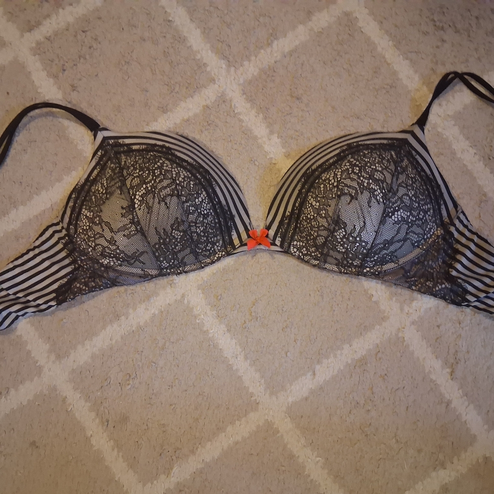 PINK Victoria's Secret Black Lace Bra with Striped Sides and Orange Bow